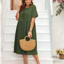 IN'VOLAND Plus Size Women's Summer Maxi Linen Dresses Casual Loose Pockets Long Dress Short Sleeve Army Green (Green)
