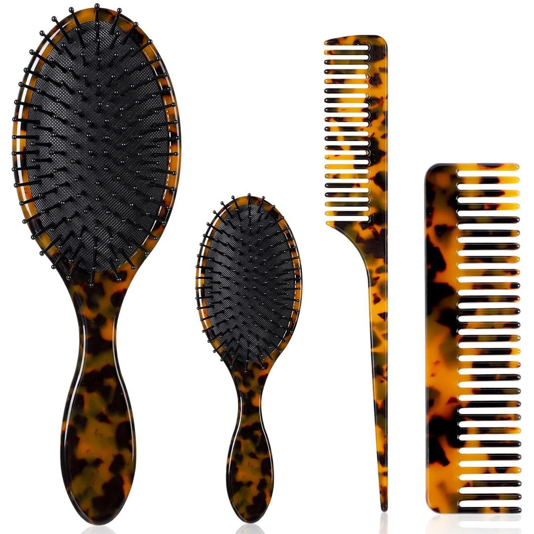 Meanplan Tortoise Shell Hair Comb Set Cellulose Acetate Paddle Detangler Brush Wide Tooth Comb Mini Tail Brushes Kit Grooming Tools for Women Men Thick Thin Curly Wavy Wet Dry Hair Gift
