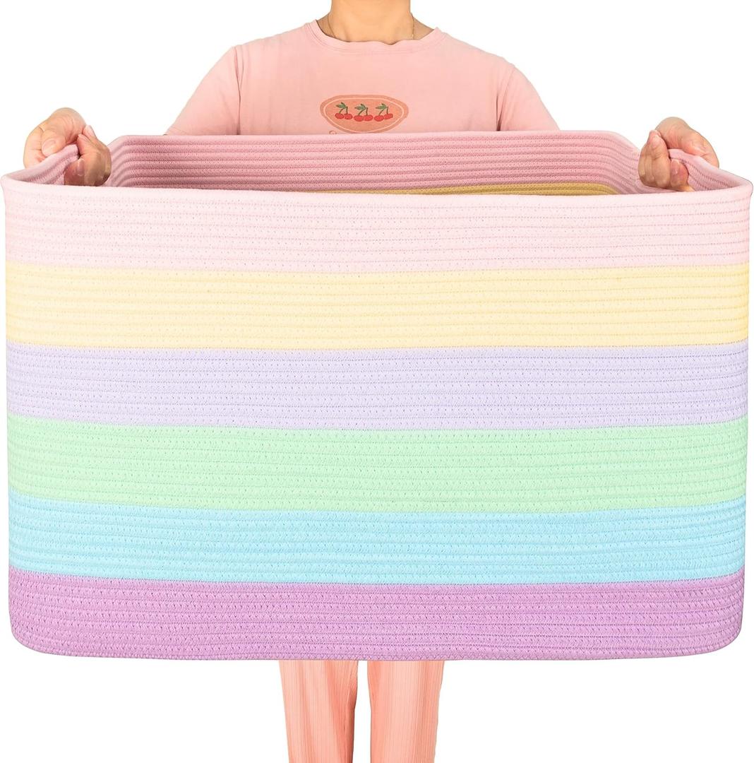 MINTWOOD Design 112L Extra Large Blanket Basket Holder Living Room, 25"x17"x16" Rectangle Rope Woven Storage Basket with Handles for Laundry, Towels, Shoes, Dog Toy Organizer Bin Box, Pastel Rainbow