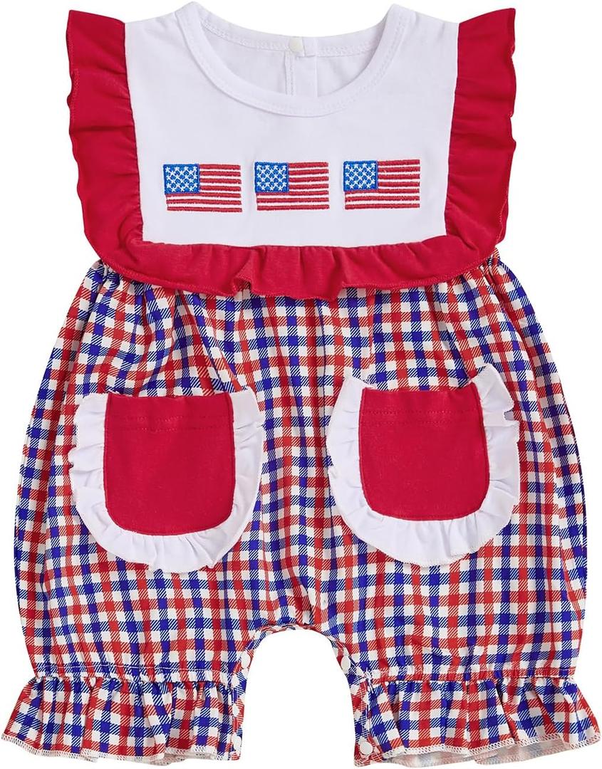 Newborn Baby Girl 4th of July Outfit Sleeveless Plaid Bubble Romper American Flag Embroidery Bodysuit with Pockets, 6-12M