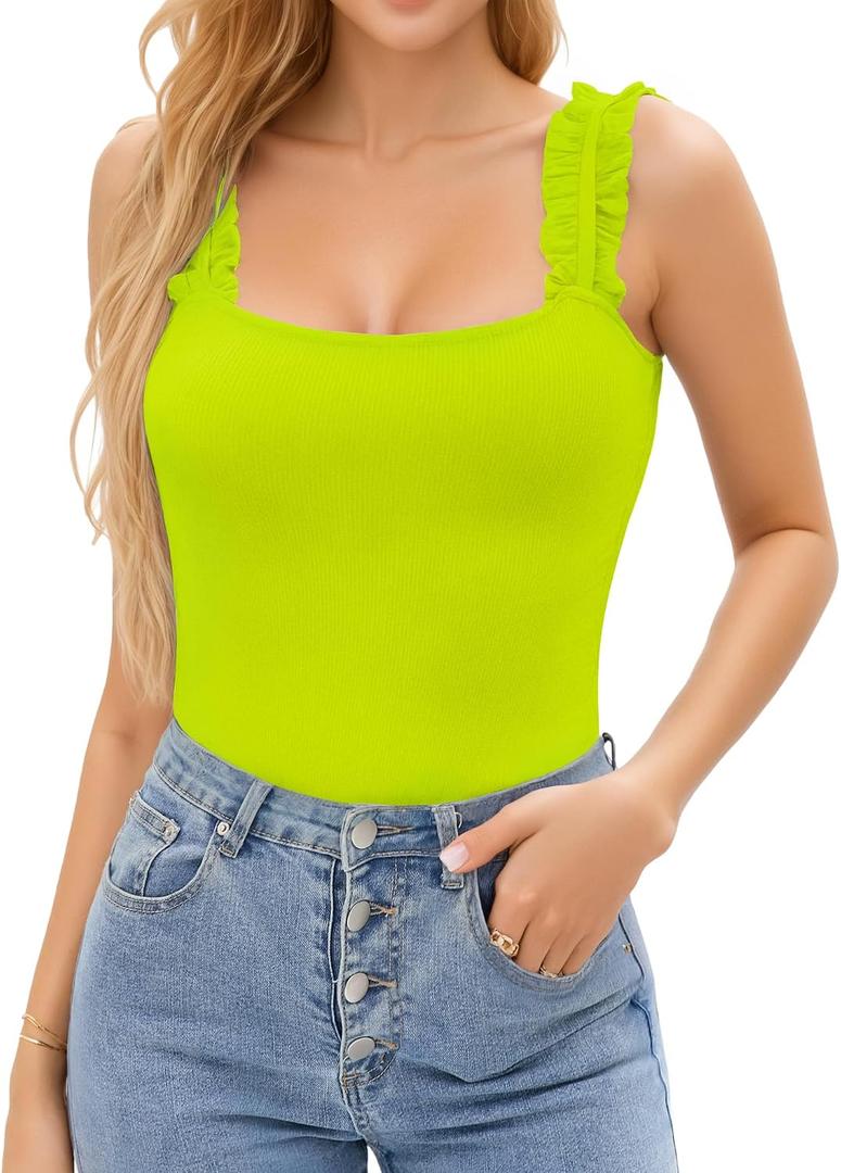 HERLOLLYCHIPS Sexy Tank Tops for Women Square Neck Ruffle Strap Ribbed Knit Tight Stretchy Sleeveless Shirts (Green, M)
