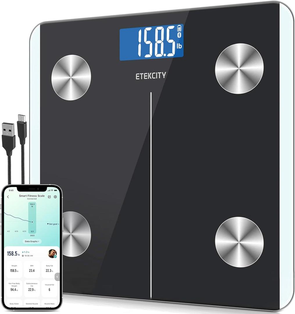 Etekcity Rechargeable Smart Scale for Body Weight, Digital Bathroom Scale with BMI, Body Fat, Muscle Mass, Accurate Weighing Machine for People Sync with Smartphone App, 400lb (Classic Rechargeable Black)