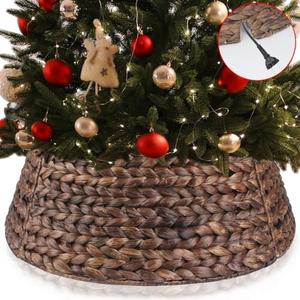 Christmas Tree Collar, Round Tree Collar Hyacinth Handwoven 24in, Christmas Tree Ring Rattan Wicker Rustic Cord Cut Out Metal Frame Decoration (Brown)