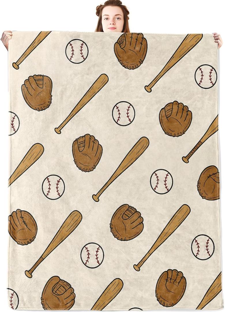 jwyta Baseball Flannel Blanket, Cartoon Throw with Glove, Bat and Ball on Beige Background, Lightweight Fleece Blankets for Sport Lover, Couch, Cabin, Bed, Camping Athletic Decor Gifts, 60x50in
