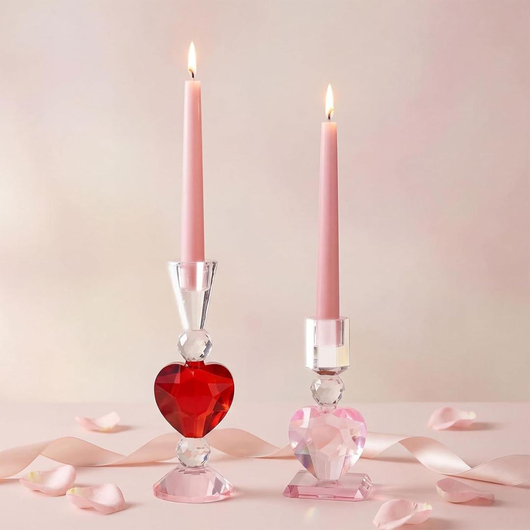 2 Pcs Heart Cut Glass Candle Holders Valentine's Day Decorative Candlestick Holders 6.7" 8.9" Tapered Candle Stand Wide Base Table Centerpiece Decor for Wedding Christmas Holiday Decoration