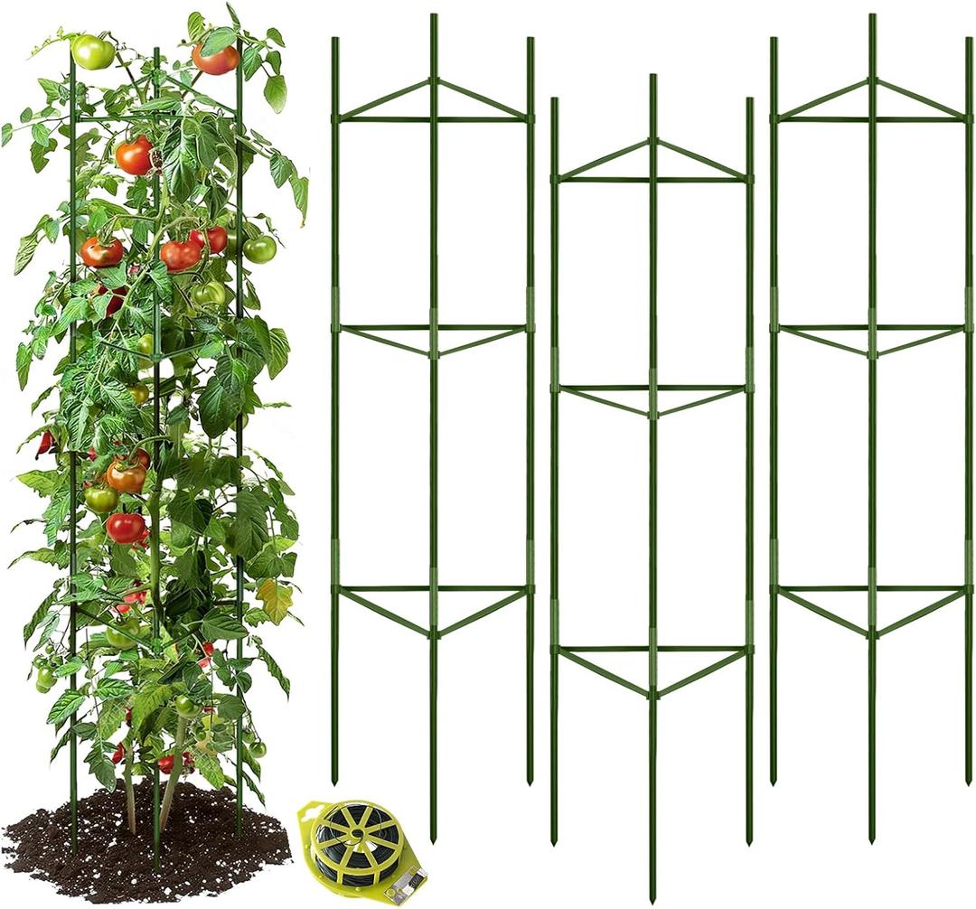 GROWNEER 3 Packs Tomato Cages for Garden, 51 Inches Tomato Trellis Plant Stakes Support, Tomatoes Plant Cage with 164Ft Twist Tie, for Vegetable Flowers Fruits Vertical Climbing Plants (Green)