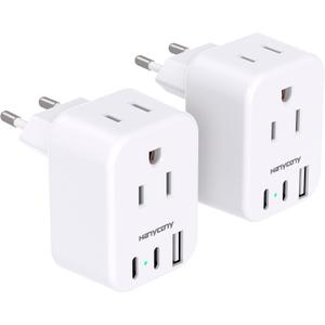 European Travel Plug Adapter for International, HANYCONY Italy Spain Power Adapter 2 Outlets 2 USB C Ports, Type C Adapter Travel Cruise Essentials for US to Most Europe France Germany EU, Pack of 2