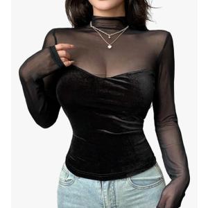 RoseSeek Women's Sheer Mesh Velvet Long Sleeve T Shirts Mock Neck Fitted Tee Tops Elegant Fall Going Out Outfit, Medium