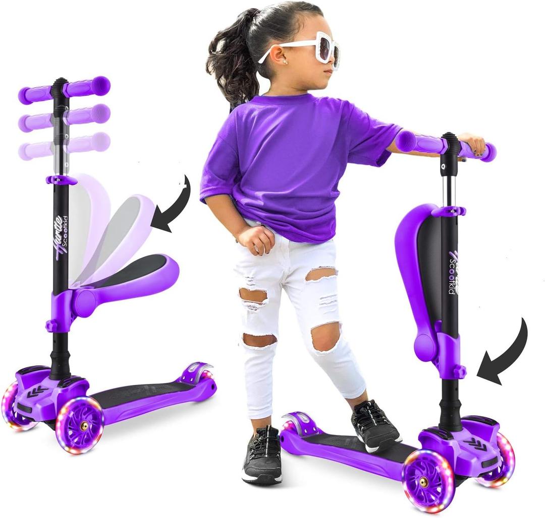 Hurtle 3-Wheeled Scooter for Kids - Wheel LED Lights, Adjustable Lean-to-Steer Handlebar, and Foldable Seat - Sit or Stand Ride with Brake for Boys and Girls Ages 1-14 Years Old (Pink)