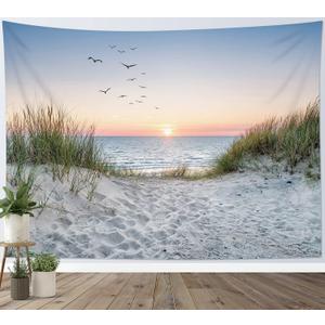 HVEST Ocean Beach Tapestry Wall Hanging, Sunset Seabird and Beach with Grass Wall Hanging Tapestry Natural Landscape Tapestry for Bedroom Living Room Dorm Decoration Wall Decor, 59x51 Inches (Multicolor)
