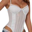 Lilosy Sexy Wireless Strappy Mesh Corset Lingerie Bodysuit Top (Medium, White)