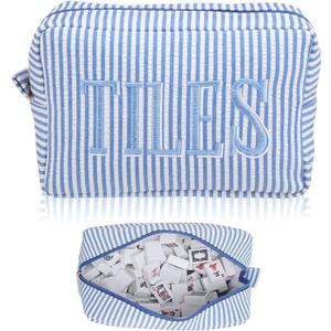 Empty Mahjong Bag Thickened American Mahjong Tiles Bag with Zipper Storage Pouch for Board Game Pieces Game Party Travel Gatherings Accessories, 10.4''x5.6'', Case Only (Tiles,Striped Blue)