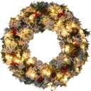 Christmas Wreaths for Front Door, 27 Inch Snow Flocked Christmas Wreaths, Christmas Wreath with Lights,Large Christmas Wreath, Prelit Christmas Decor with Pine Cones, Pine Needles,Red Berries