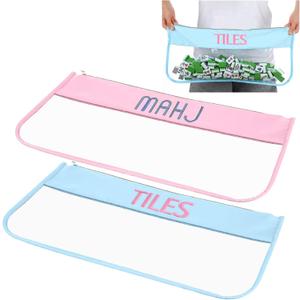 2 Pcs Empty Mahjong Tile Bag 20.9 x 9.45 Inch American PVC Clear Mahjong Case Size 166 Waterproof Zippered Storage Tile Holder Rack Bag for Game Lover Gift Travel, Case Only(Blue,Pink)