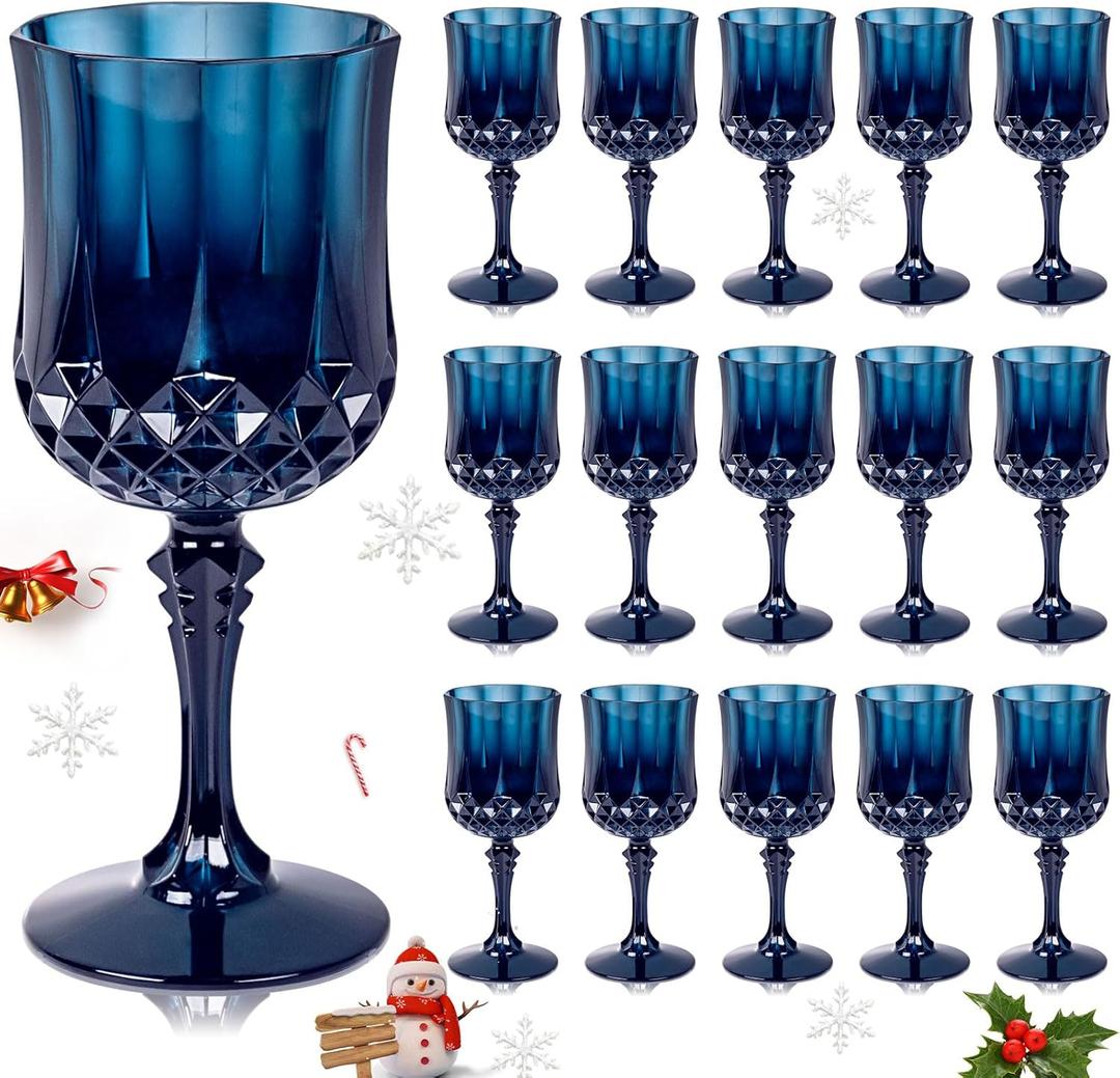 Ciaell 24PCS Blue Plastic Wine Glasses - 7 Oz Plastic Goblets for Party - Blue Vintage Drinking Glasses - Disposable Water Goblets Set for Wedding, Bar, Wine, Beer, Juice, Cocktail & Halloween