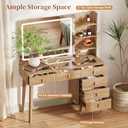 Fluted Makeup Vanity Desk with Large Mirror and Lights,Modern Glass Top Big Vanity Desk with 6 Drawers & Storage Shelves, Vanity Table with Power Outlet, Dressing Table for Bedroom,Oak