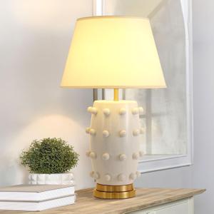 Modern Ceramic Linden Table Lamp - 30" White Ball Farmhouse Design, Classic Nightstand Large Linden Lamp Tapered Drum Shade for Living Room, Bedroom, Office, and Home White
