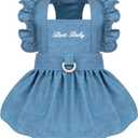 Denim Cat Dog Dress Clothes for Small Dogs with Leash Ring Summer Girl Small Dog Clothes Outfit Belly Velcro Fastening Cat Outfits&Apparel for Girl, Large (6.6-9.4 lbs)