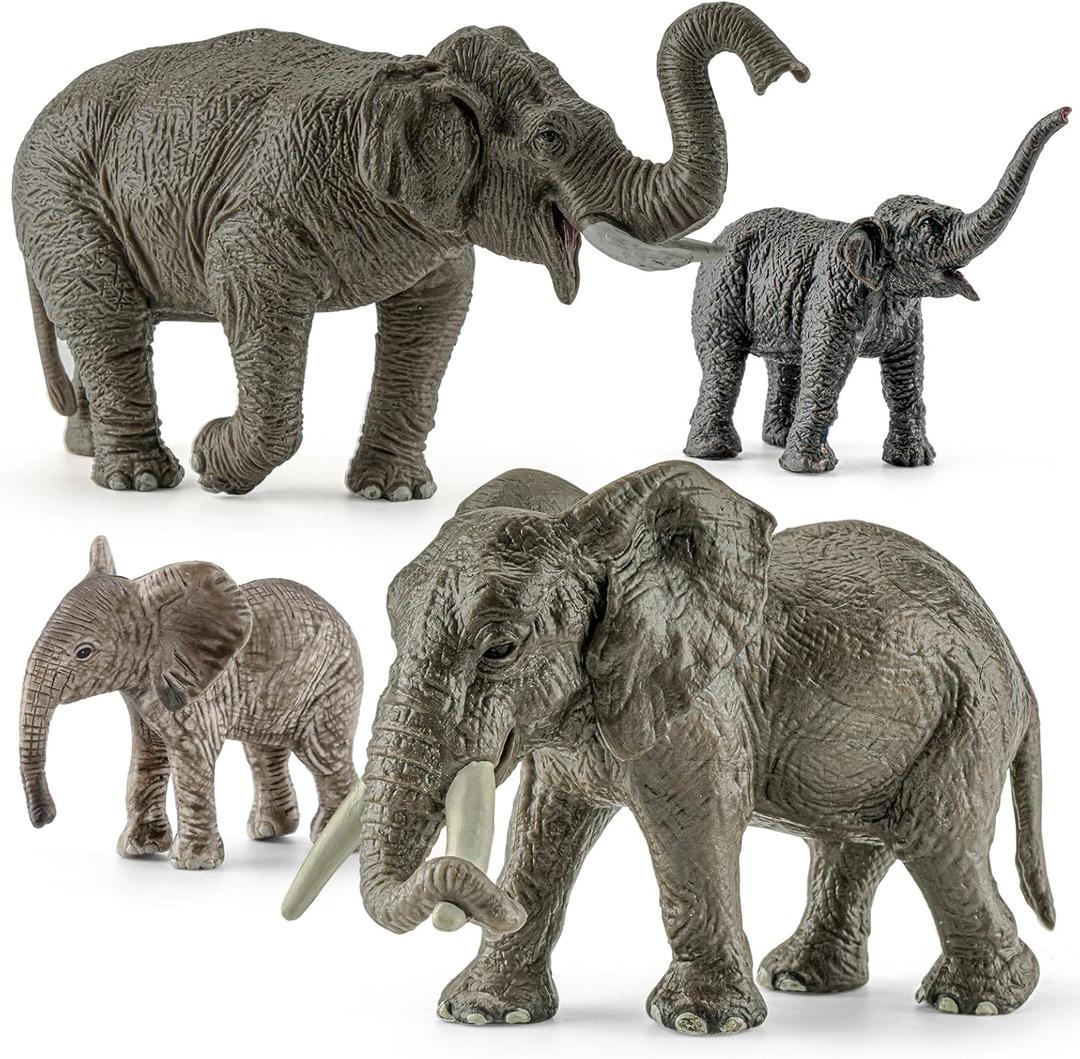 THINKBAY 4PCS Safari Elephant Animals Figurines Toys, Plastic Zoo Animals Toys for Kids Includes African & Asian Elephant and Cubs, Birthday Gift Party Favors Cake Toppers for Boys Girls