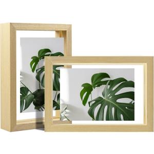 Egofine 4x6 Floating Frames Set of 2, Double Plexiglass Picture Frame, Made of Solid Wood Display Any Size Photo up to 4x6, Wall Mount or Tabletop Standing, Natural Wood