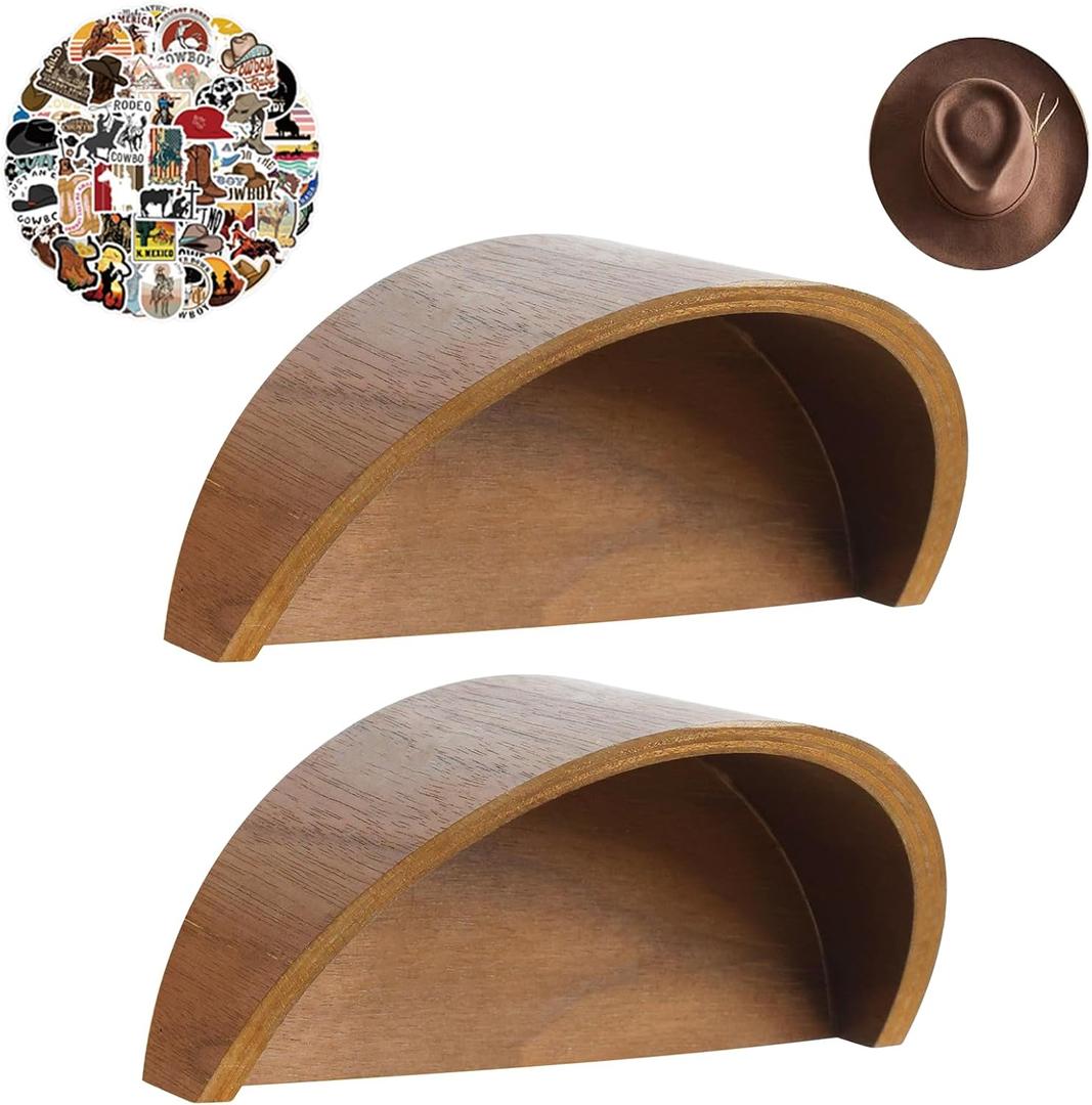 Cowboy Hat Holder Rustic Wood Design Hat Organizer 2 Pieces Cowboy Hat Rack Western Decor Hat Storage Hanger for Display and Organization,Comes with 60 pcs Cowboy Stickers