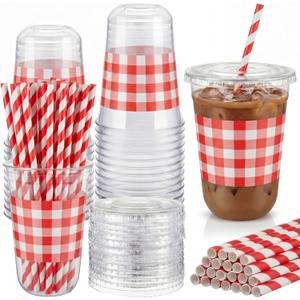 50 Set 16 oz Red U-gingham Gingham Cups Plastic Party Checkered Cups Red Plaid Drinking Cup Disposable Gingham Cup with Lids and Paper Straws for BBQ Wedding Birthday Pizza Party Supplies