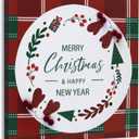 ArtbyHannah 16x16 Inch Christmas Canvas Wall Art, Framed With 3D Greetings and Red Balls, Red & Green Plaid Decor for Bedroom, Bathroom