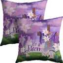 Kawani Easter Throw Pillow Covers 18x18 Set of 2 He is Risen Cushion Case Cotton Linen Square Happy Easter Purple Throw Pillows Case for Spring Flowers Party Sofa Couch Bed Bench Outdoor