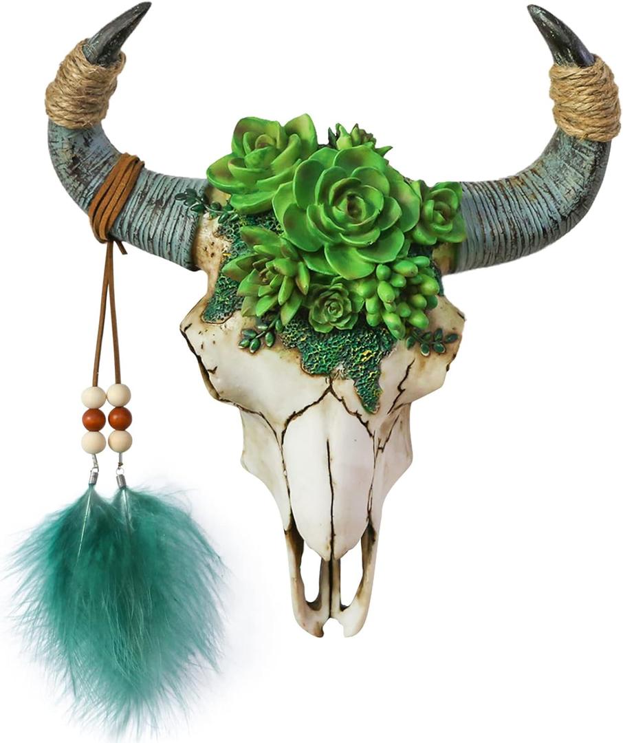 alikiki Bull Skull Head Wall Decor - Succulent Flowers Resin Cow Horn Southwestern Wall Hanging 3D Animal Sculpture Crafts Western Boho Decor for Bedroom Living Room
