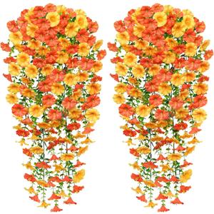 TOCHGREEN Artificial Fall Hanging Flowers Plants for Outdoor Fall Decor,2PCS Faux Silk Long Trailing Vines UV Resistant Fake Mums Morning Glory Flowers for Halloween Patio Outside Autumn Decor (Orange Yellow), 5"D x 5"W x 15"H