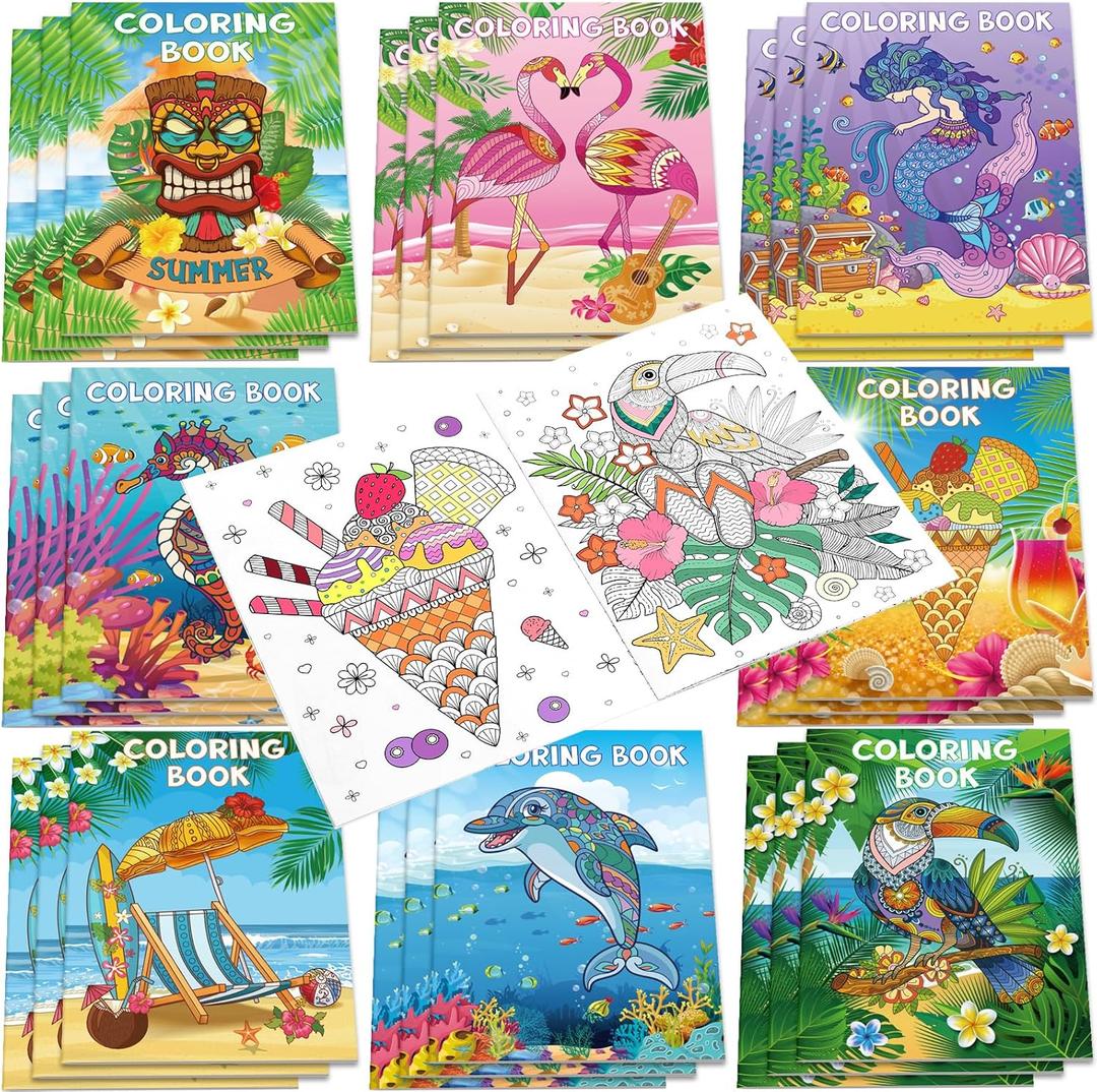 Pasimy 24 Pack Summer Coloring Books Bulk Mandala Tropical Coloring Book for Boys Girls Adults Luau Hawaiian Flamingo Summer Beach Baby Shower Birthday Party Favors Gift Bag Fillers Supplies, 8 Styles