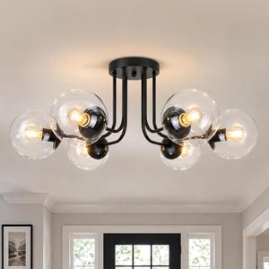 KoKo&Yukina 6-Light Modern Semi Flush Mount Ceiling Light Fixture Mid Century Ceiling Light Globe Ceiling Light with Clear Glass Shade Matte Black Finish for Bedroom Hallway Dining Room Living Room