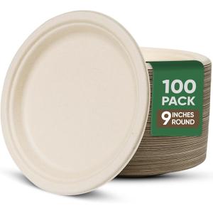 9 Inch Compostable Paper Plates (100 Pack) - Eco-Friendly Disposable Dinnerware for Parties, Microwavable & Water/Oil Resistant - 100% Biodegradable Heavy Duty Brown Plates for Events, Picnics