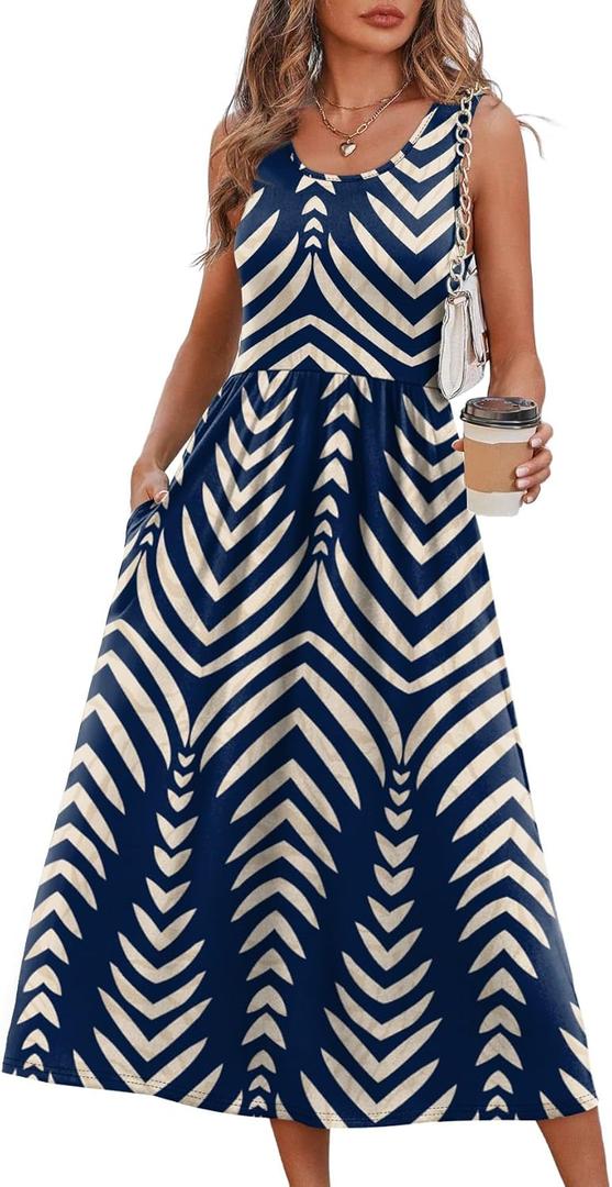 WIHOLL Summer Dresses for Women Flowy Casual Midi Dress Beach Vacation Sundresses with Pockets (Large, Navy Print)