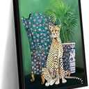 Vintage Stylish Leopard Wall Art Framed Animal Painting Print with Floral Armchair Retro Green Nature Picture Poster with Wooden Frame Modern Home Décor for Living Room, Bedroom, Office 16x24 Inches