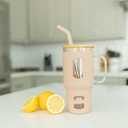 Glass Tumbler with Silicone Sleeve and Bamboo Lid, 32 oz, with Straw (Beige)