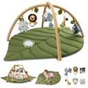 Blissful Diary Baby Play Gym & Activity Mat, Oversize Leaf Shaped Baby Play Mat w 6 Detachable Toys, Tummy Time Mat Promote Motor Skills & Sensory Development Mat, Newborn Infant Baby Essentials Gift (Play Gym with Lion Rattle)