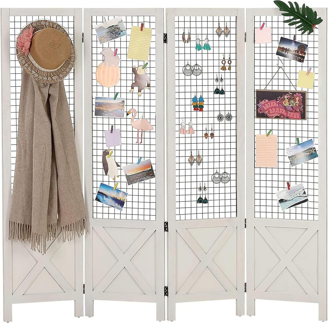 Wnutrees 4 Panel Gridwall Display, Portable Freestanding Display Board for Craft/Art Shows, Retail, Events, Decorative Wood Room Divider Folding Screens, White