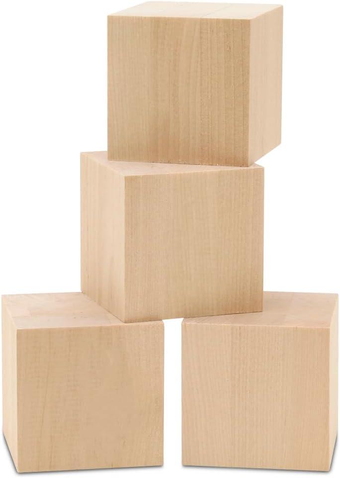 DIY Wooden Cubes 2-1/2-inch, Pack of 4 Large Wooden Blocks, Unfinished Wood Blocks for Crafts, STEM, Dice, and Building Blocks for Stacking, by Woodpeckers