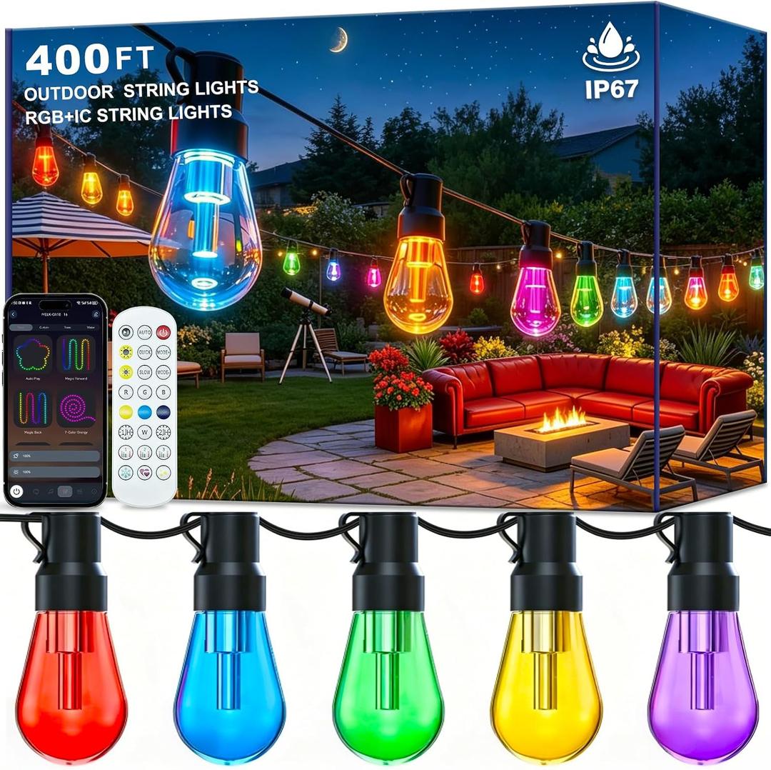 AILBTON 400FT RGB+IC Smart Outdoor String Lights, IP67 Waterproof LED Color Changing Clear Bulb String Lights with App & Remote Control, Shatterproof Hanging Patio Lights for Backyard Garden Party