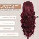 Burgundy Red Wig with Bangs 26 Inch Long Curly Wavy Wigs for Women Begineer-friendly Synthetic Wig for Daily Party Holiday Use