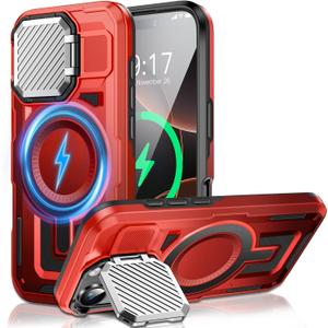 Camera Stand Case for iPhone 16 Pro, [Compatible with MagSafe] [Lens Cover] 2024 Version Military Grade Protective Soft Case for iPhone 16 Pro 6.3 inch Men Women, Red