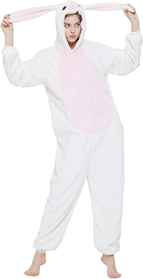 Easter Bunny Costume Rabbit Animal Dog Onesie for Adult Women Men Husky Puppy Plush One Piece Pajamas Cosplay (White, L)