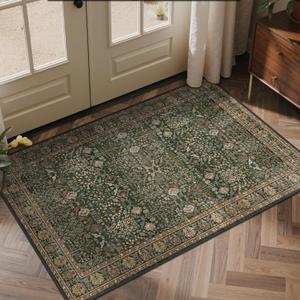 Bavni Washable Rugs 3x5-Machine Washable Rug Lightweight Low Pile, Vintage Floral Rug Non-Shedding Distressed Throw Carpet for Living Room Bedroom Office, Dark Green/Multi