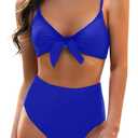 Blooming Jelly Womens High Waisted Bikini Set Tie Knot High Rise Two Piece Swimsuits Bathing Suits (Medium, Neon Blue)