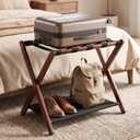 Luggage Rack, Foldable Suitcase Stand with Storage Shelf, Easy Assembly, Heavy Duty Travel Bag Holder for Guest Room, Bedroom, Hotel, Walnut (1 Pack)