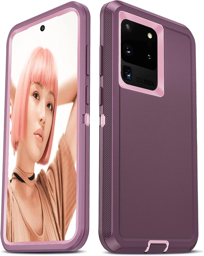 LeYi Compatible for Samsung S20 Ultra Case: Heavy Duty 3 in 1 Samsung Galaxy S20 Ultra Case, Military Grade Shockproof Phone Case Cover for Samsung Galaxy S20 Ultra (Wine Red+Pink)