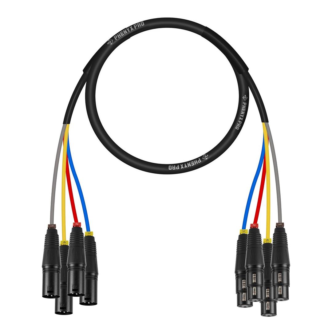 Phenyx Pro 4-Channel XLR Cable, 3 Ft Snake Cable, Balanced Microphone Cord, XLR Splitter, Color-Coded, 4-in-1 Design, 3-PIN Male to Female Patch Wire, w/OFC Copper (PCBL-4IN1-3)