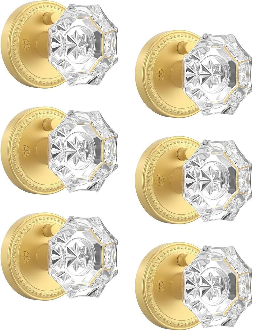 Asidrama 6 Pack Privacy Gold Crystal Door Knob with Lock, Brush Gold Glass Door Knobs Interior for Bedroom or Bathroom, Heavy Duty Door Handle for Left Right Sided Doors