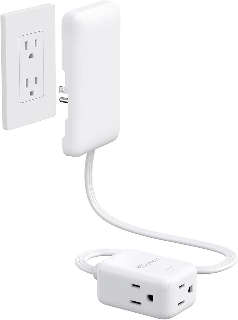 Short Flat Extension Cord 1.5ft, ETL Listed, NUTICT Indoor 3 Prong Extension Cord Flat Wall Plug with Outlet Cover, 900J Surge Protector, Small Outlet Extender Hidden for Kitchen Bathroom, White